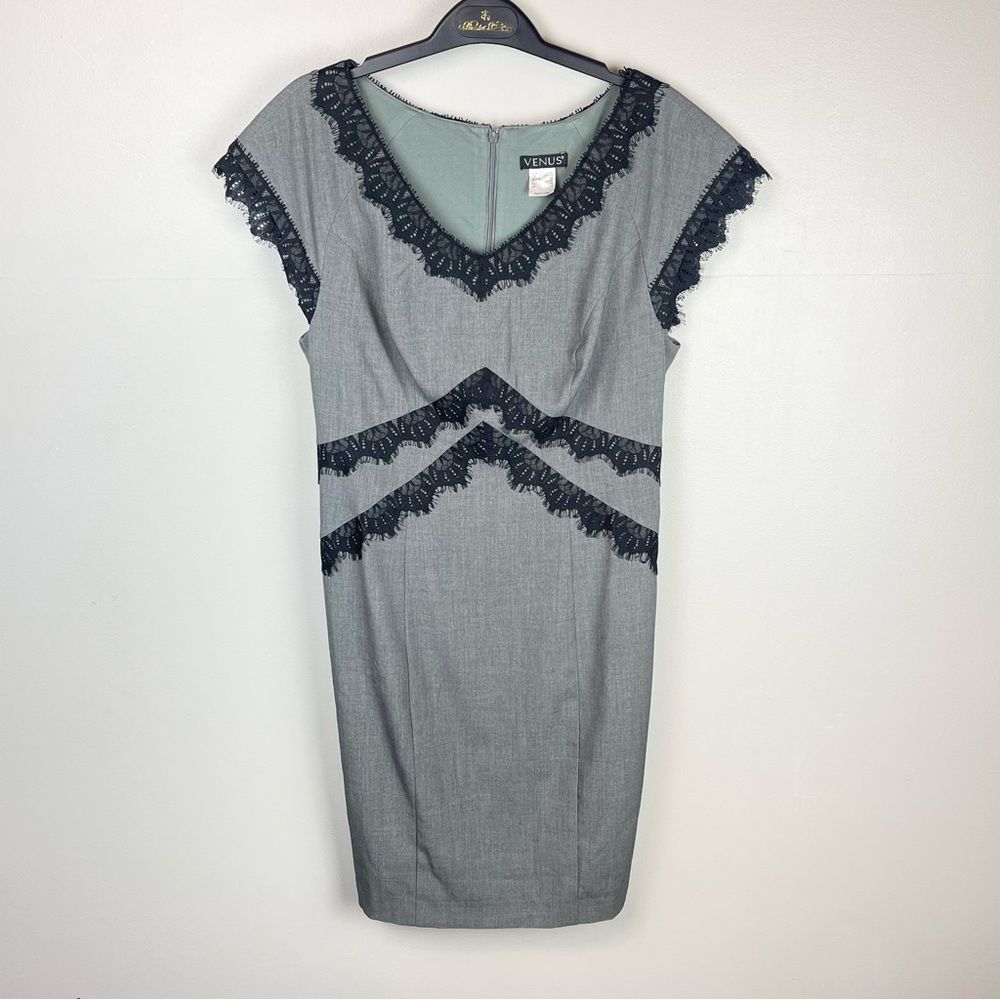Venus Gray Sheath Dress with Black Lace Detail Size 8